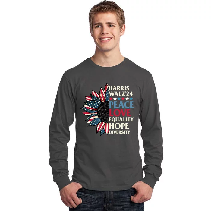 Harris Waltz 2024 Peace Love Equality Hope Us Flag Sunflower Tall Long Sleeve T-Shirt