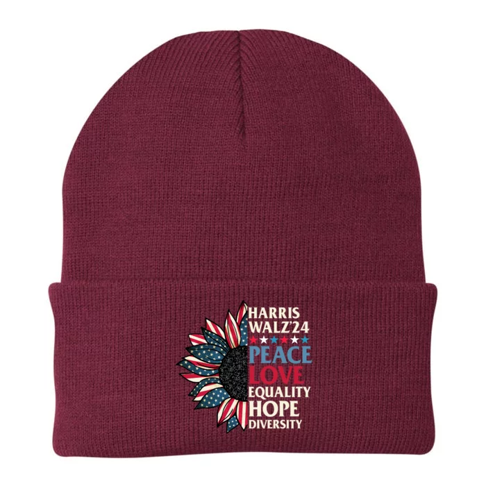 Harris Waltz 2024 Peace Love Equality Hope Us Flag Sunflower Knit Cap Winter Beanie