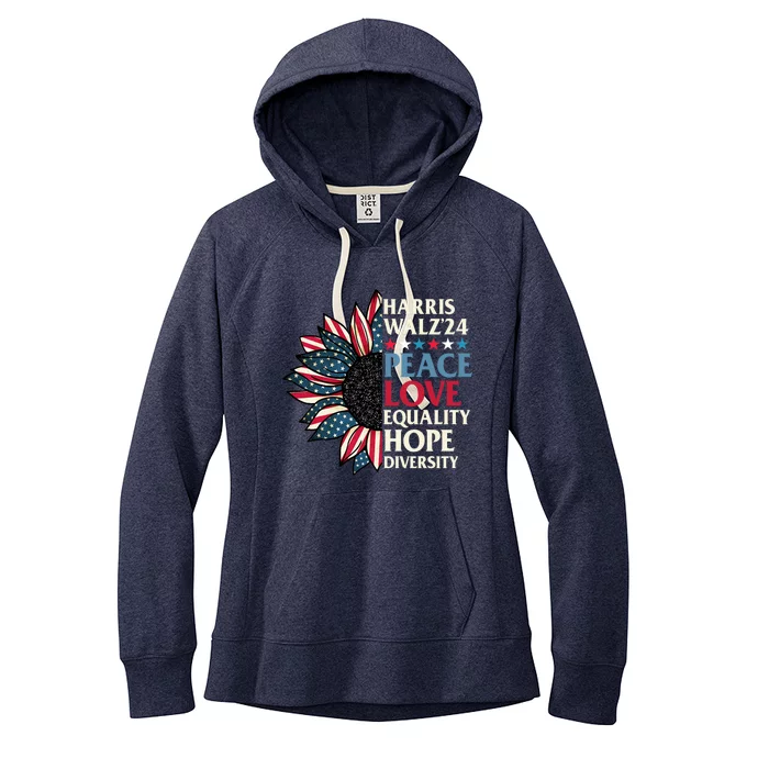 Harris Waltz 2024 Peace Love Equality Hope Us Flag Sunflower Women's Fleece Hoodie