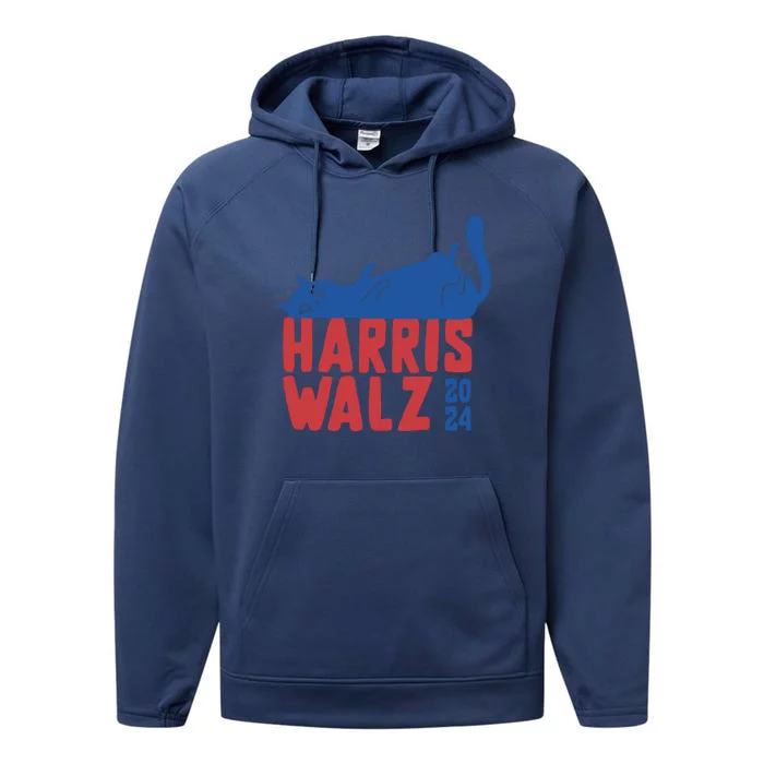 Harris Walz 2024 Cat Ladies For Kamala Performance Fleece Hoodie