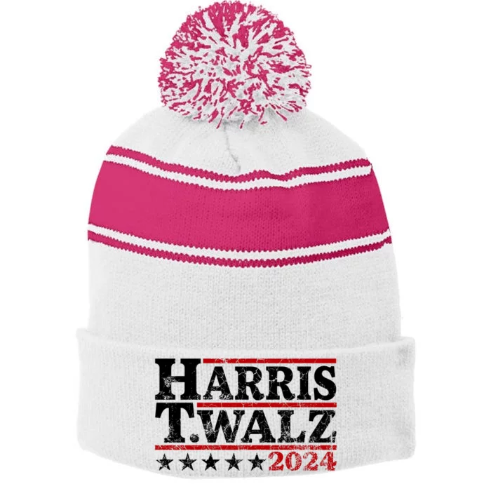 Harris Walz 2024 Funny Harris Walz Stripe Pom Pom Beanie