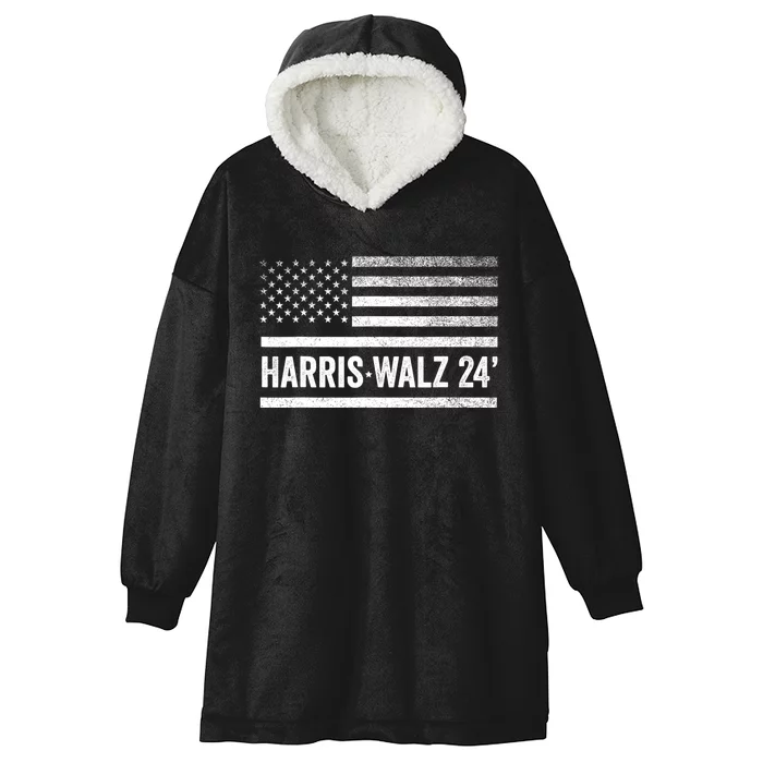 Harris Walz 2024 Election Kamala Tim Waltz American Flag Hooded Wearable Blanket