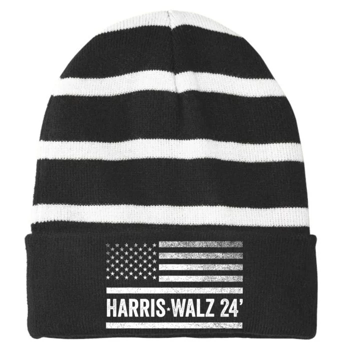 Harris Walz 2024 Election Kamala Tim Waltz American Flag Striped Beanie with Solid Band