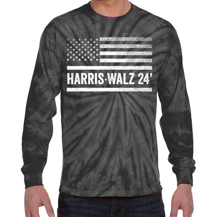 Harris Walz 2024 Election Kamala Tim Waltz American Flag Tie-Dye Long Sleeve Shirt