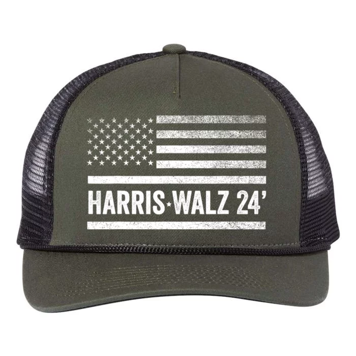 Harris Walz 2024 Election Kamala Tim Waltz American Flag Retro Rope Trucker Hat Cap