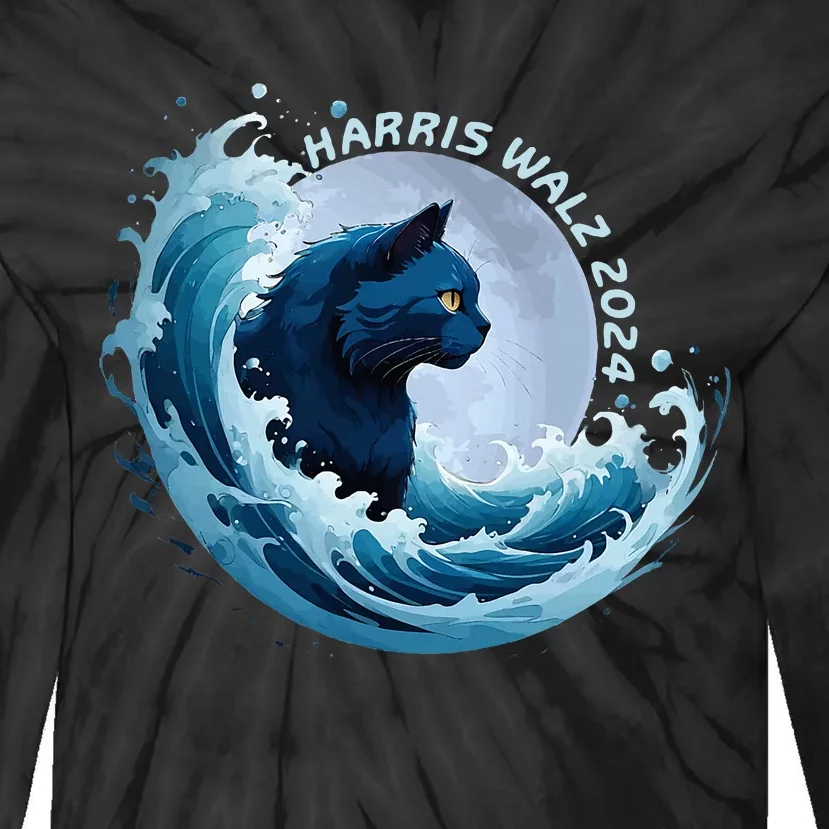 Harris Walz 2024 Blue Wave Cat Lady Vote Blue Cat Democrat Tie-Dye Long Sleeve Shirt