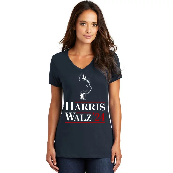 Harris Walz 2024 Cat Election Tim Kamala Women's V-Neck T-Shirt