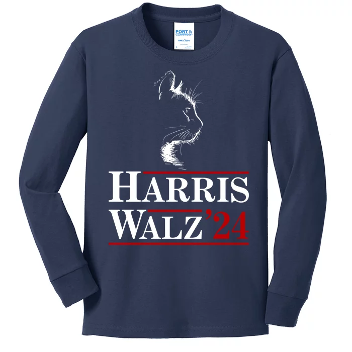 Harris Walz 2024 Cat Election Tim Kamala Kids Long Sleeve Shirt