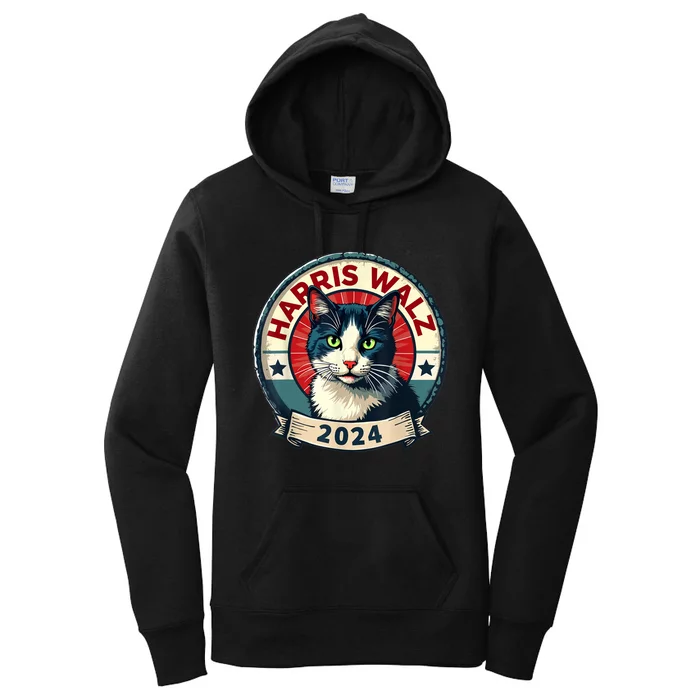 Harris Walz 2024 Funny Cat Election Kamala Harris Tim Waltz Women's Pullover Hoodie