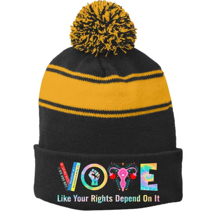 Harris Walz 2024 Election Vote Like Your Rights Depend On It Stripe Pom Pom Beanie