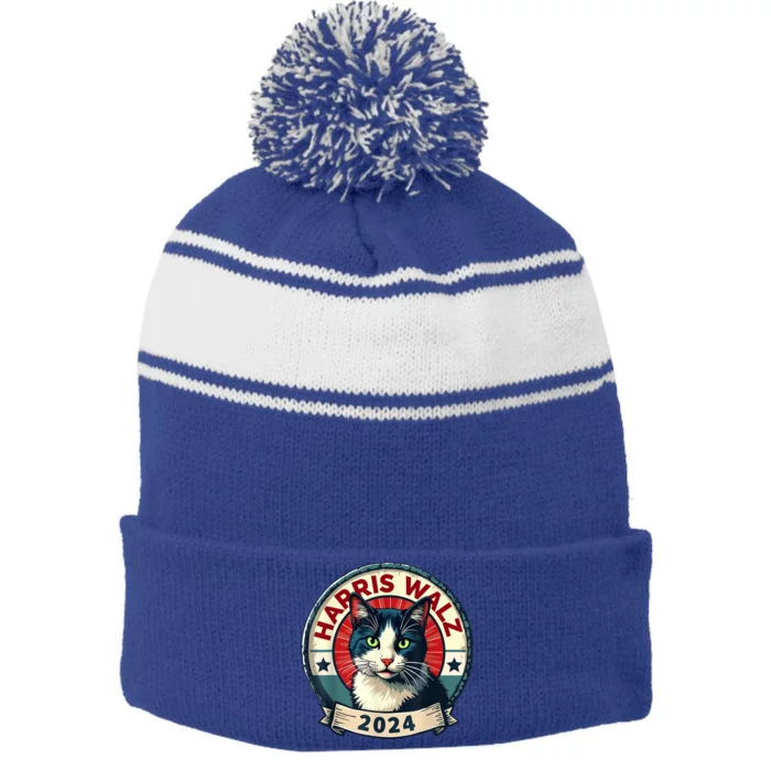 Harris Walz 2024 Funny Cat Election Stripe Pom Pom Beanie