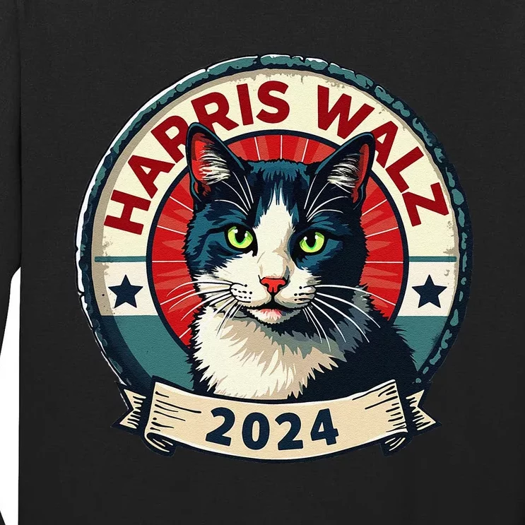 Harris Walz 2024 Funny Cat Election Kamala Harris Tim Waltz Gift Tall Long Sleeve T-Shirt