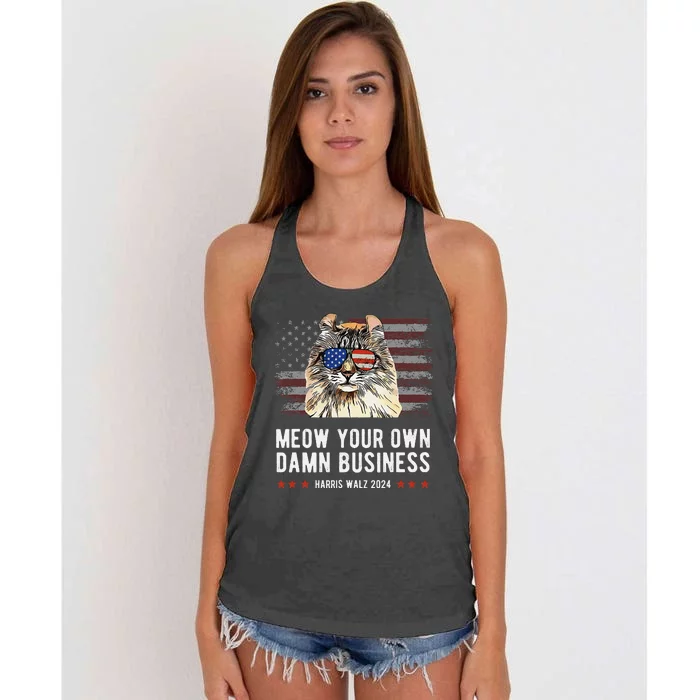 Harris Walz 2024 Mind Your Own Damn Business Funny Cat Women's Knotted Racerback Tank