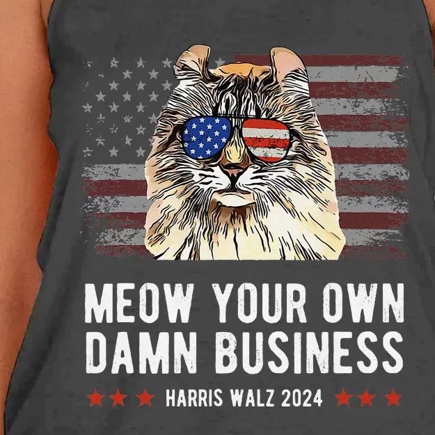 Harris Walz 2024 Mind Your Own Damn Business Funny Cat Women's Knotted Racerback Tank