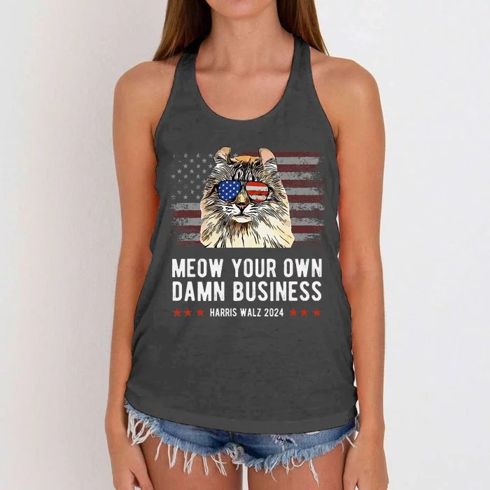 Harris Walz 2024 Mind Your Own Damn Business Funny Cat Women's Knotted Racerback Tank