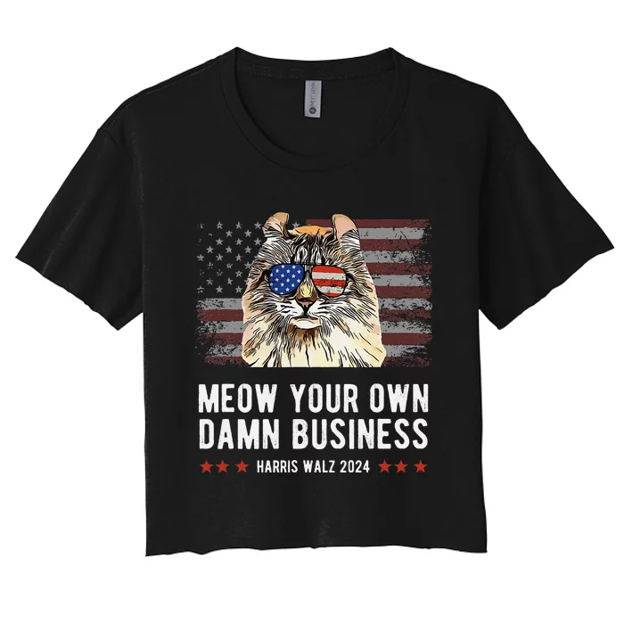 Harris Walz 2024 Mind Your Own Damn Business Funny Cat Women's Crop Top Tee