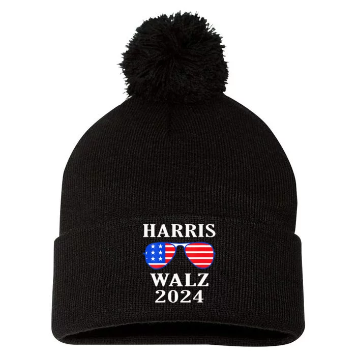 Harris Walz 2024 Kamala Harris American Flag Sunglasses Pom Pom 12in Knit Beanie