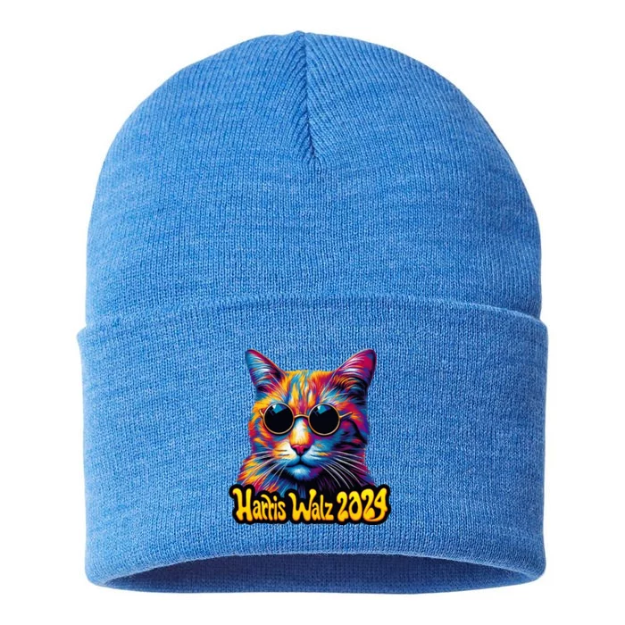 Harris Walz 2024 Funny Cat Election Kamala Harris Tim Waltz Sustainable Knit Beanie