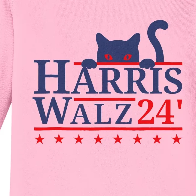 Harris Waltz 2024 Kamala Tim Cat Election Design Baby Long Sleeve Bodysuit