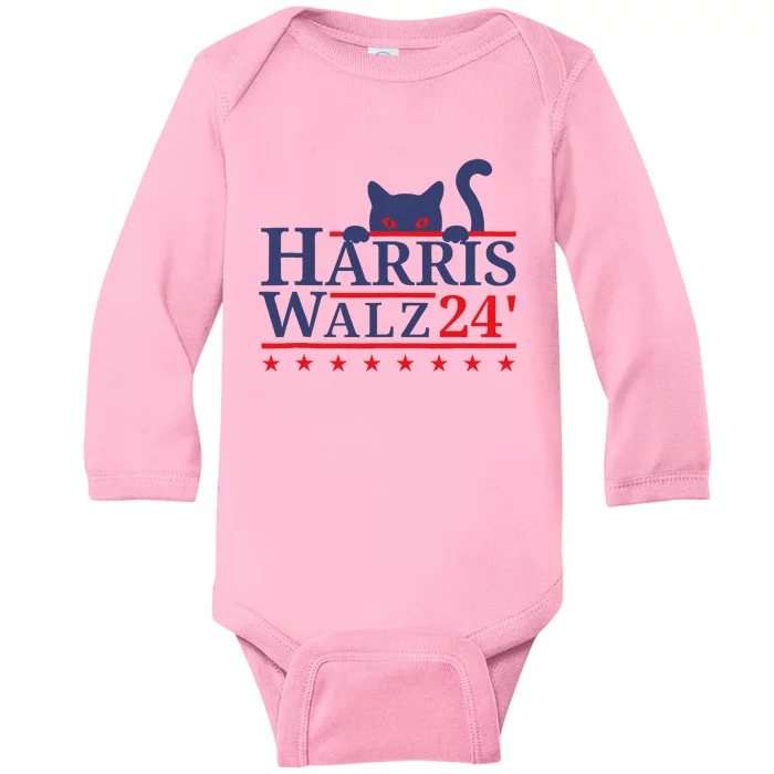 Harris Waltz 2024 Kamala Tim Cat Election Design Baby Long Sleeve Bodysuit