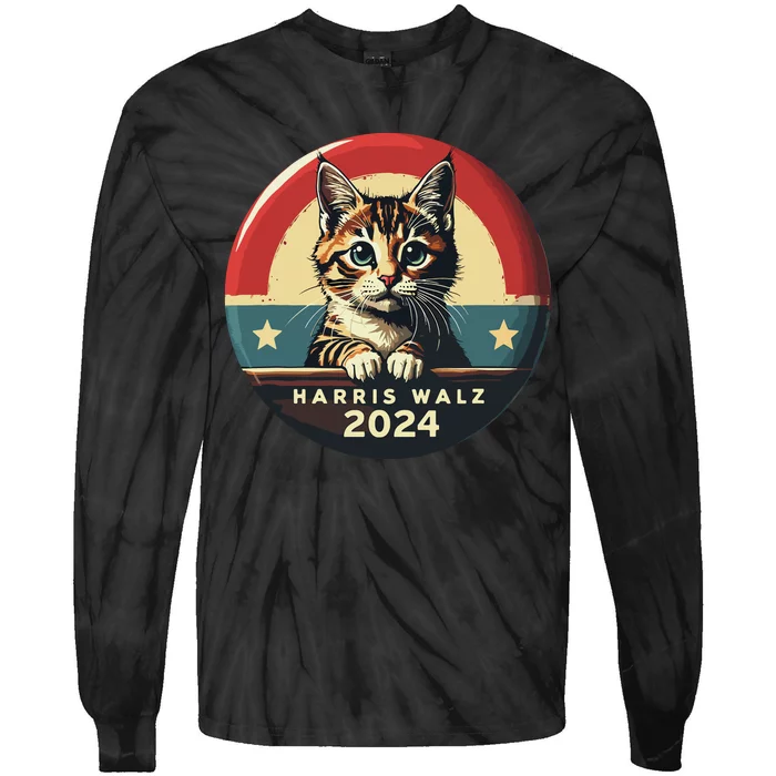 Harris Walz 2024 Funny Cat Election Kamala Harris Tim Waltz Tie-Dye Long Sleeve Shirt