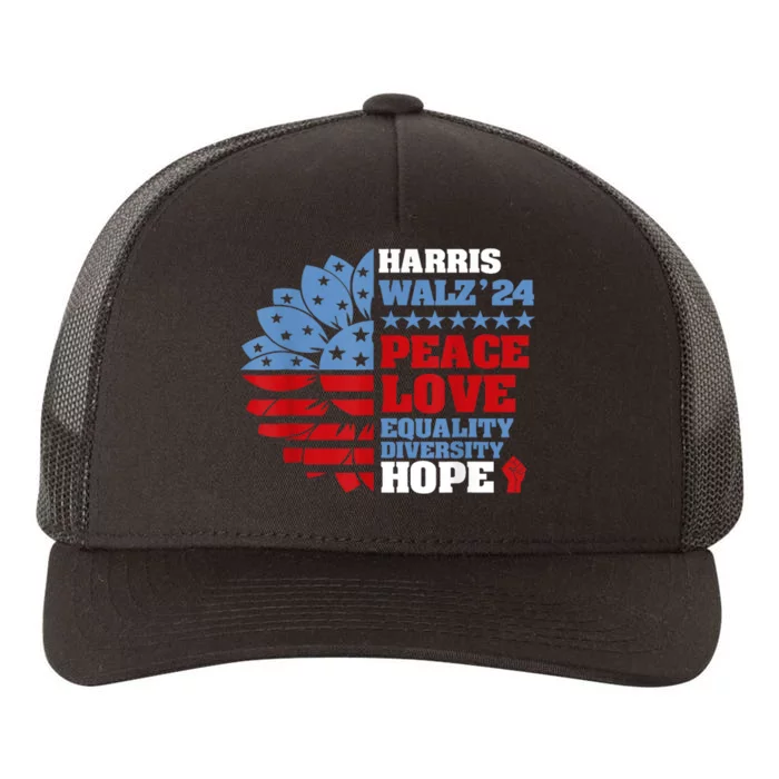 Harris Walz 2024 Peace Love Equality Diversity Hope Lgbt Yupoong Adult 5-Panel Trucker Hat