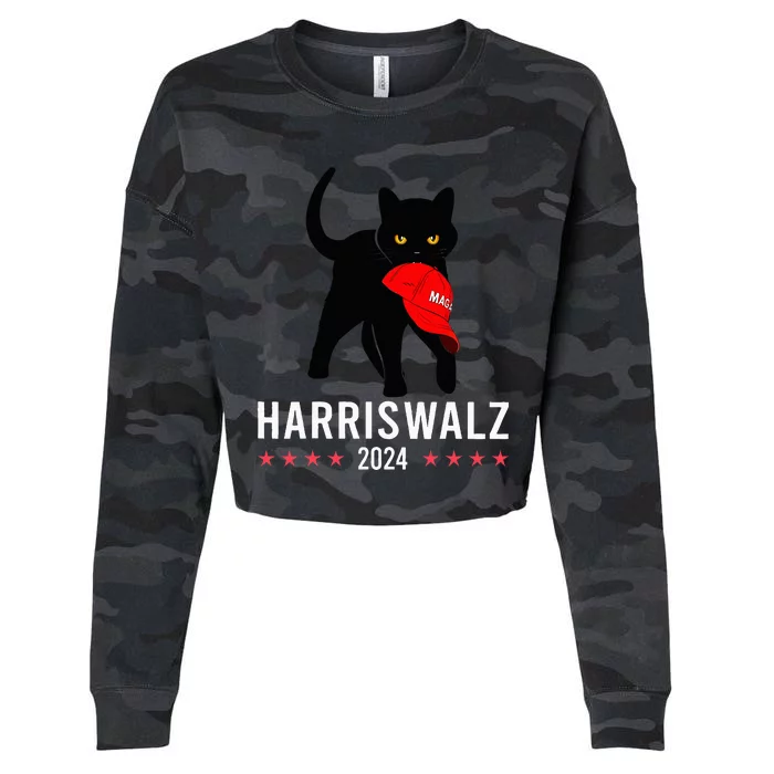 Harris Walz 2024 Cat Lady For Kamala Harris Against Trump Cropped Pullover Crew