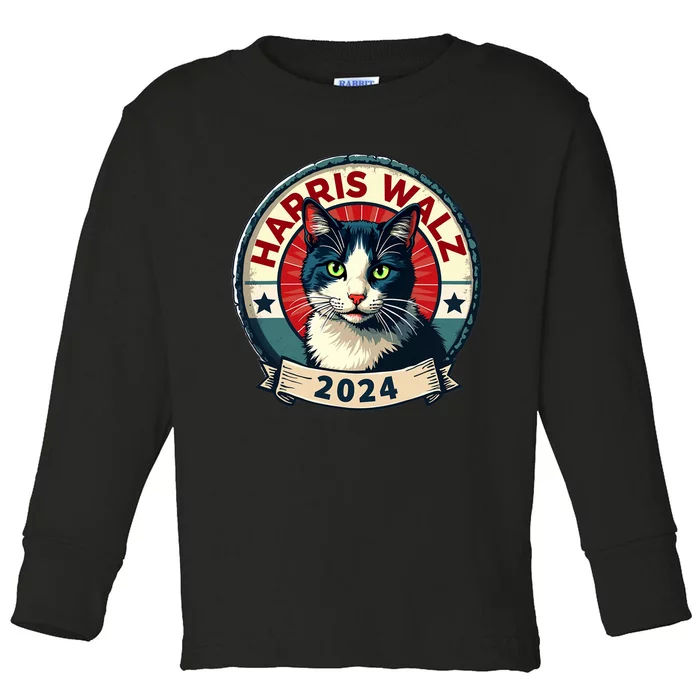 Harris Walz 2024 Funny Cat Election Kamala Harris Tim Waltz Toddler Long Sleeve Shirt