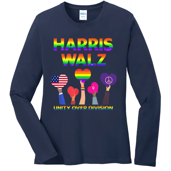 Harris Waltz 2024 Unity Over Division Kamala Harris Tim Walz Ladies Long Sleeve Shirt