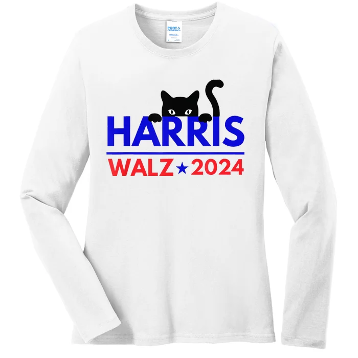 Harris Walz 2024 Funny Cat Election Kamala Ladies Long Sleeve Shirt