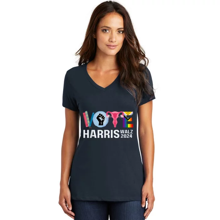 Harris Walz 24 Vote Books Lgbt Election Women's V-Neck T-Shirt