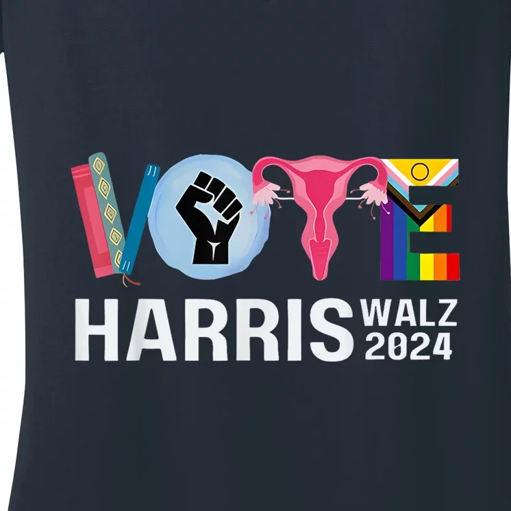 Harris Walz 24 Vote Books Lgbt Election Women's V-Neck T-Shirt