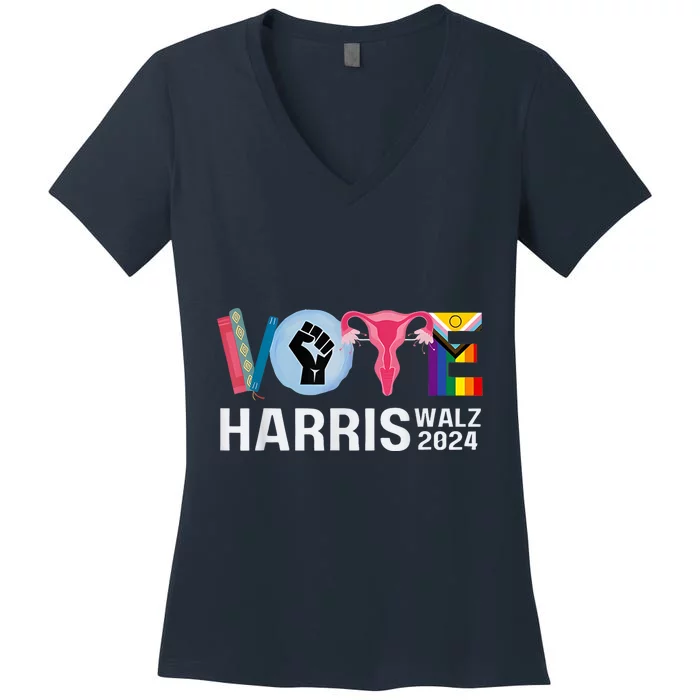 Harris Walz 24 Vote Books Lgbt Election Women's V-Neck T-Shirt