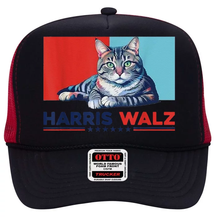 Harris Walz 2024 Funny Cat Election Kamala Harris High Crown Mesh Trucker Hat