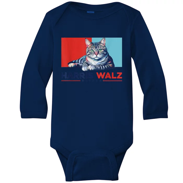 Harris Walz 2024 Funny Cat Election Kamala Harris Baby Long Sleeve Bodysuit