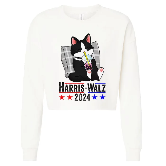 Harris Walz 2024 Funny Cat Graphic Kamala Harris Tim Waltz Cropped Pullover Crew