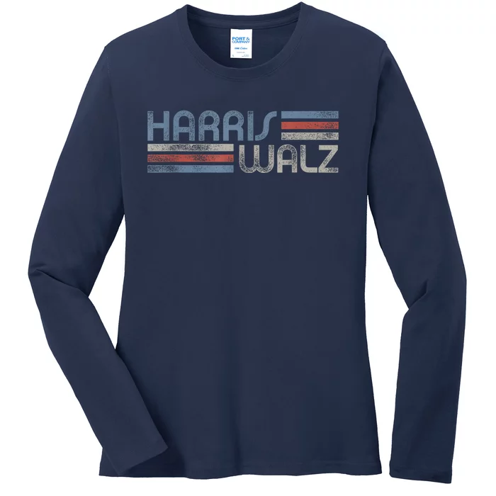 Harris Walz 2024 Retro Faded Stripes Harris Waltz 2024 Ladies Long Sleeve Shirt