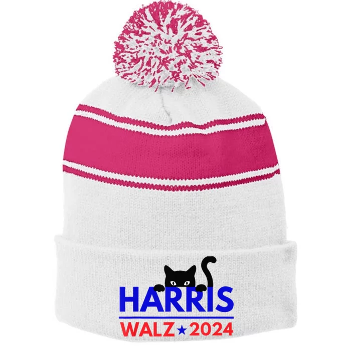 Harris Walz 2024 Funny Cat Election Kamala Harris Tim Waltz Stripe Pom Pom Beanie