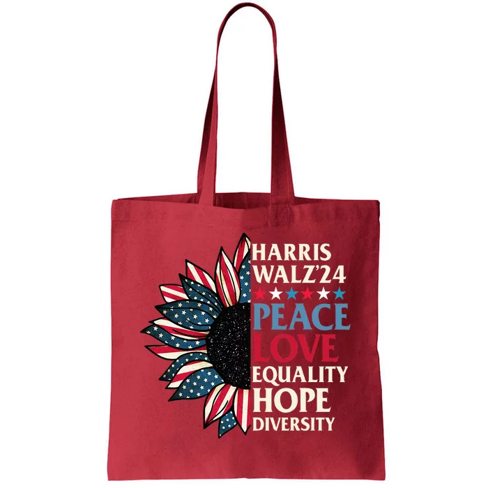 Harris Waltz 2024 Peace Love Equality Hope Us Flag Sunflower Tote Bag