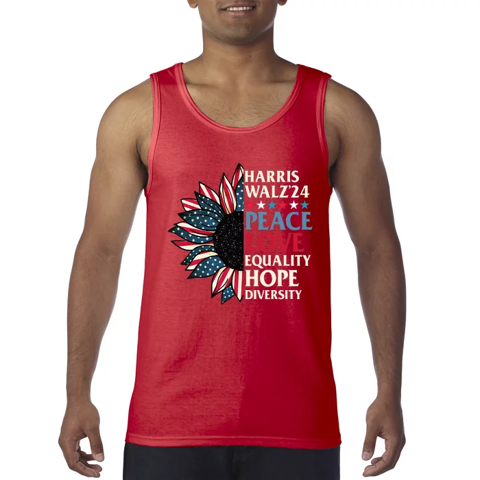 Harris Waltz 2024 Peace Love Equality Hope Us Flag Sunflower Tank Top