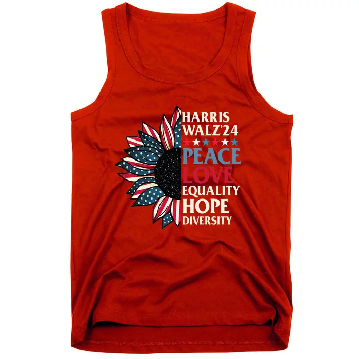 Harris Waltz 2024 Peace Love Equality Hope Us Flag Sunflower Tank Top