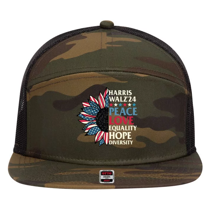 Harris Waltz 2024 Peace Love Equality Hope Us Flag Sunflower 7 Panel Mesh Trucker Snapback Hat