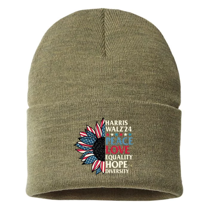 Harris Waltz 2024 Peace Love Equality Hope Us Flag Sunflower Sustainable Knit Beanie