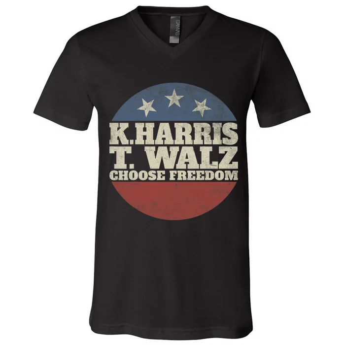 Harris Waltz 2024 Choose Freedom Election Retro Button V-Neck T-Shirt