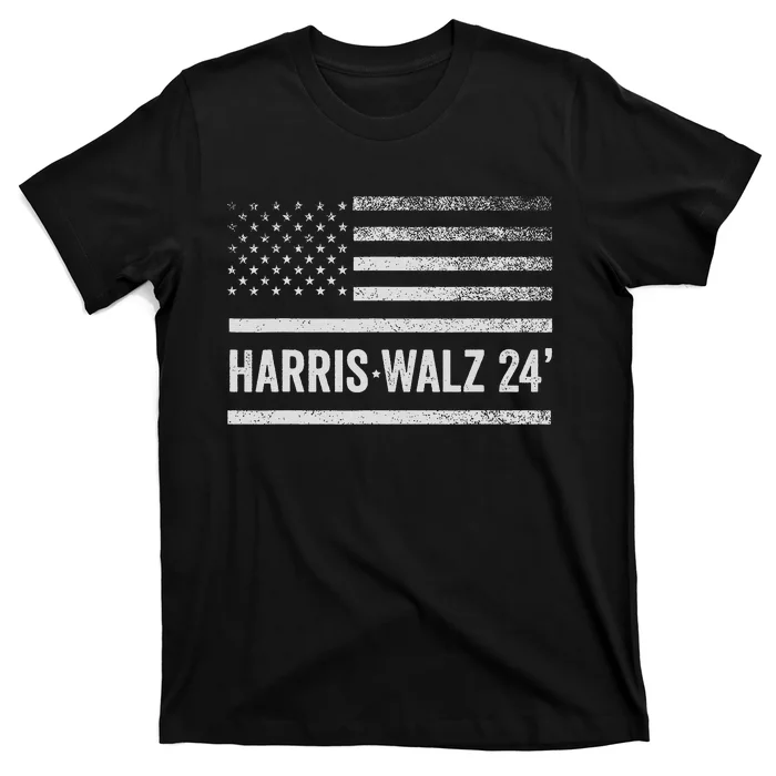 Harris Walz 2024 Election Kamala Tim Waltz American Flag T-Shirt