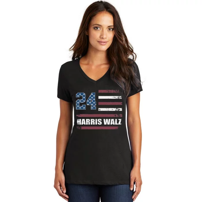 Harris Waltz 2024 Kamala Harris 2024 Tim Waltz 2024 Usa Flag Women's V-Neck T-Shirt