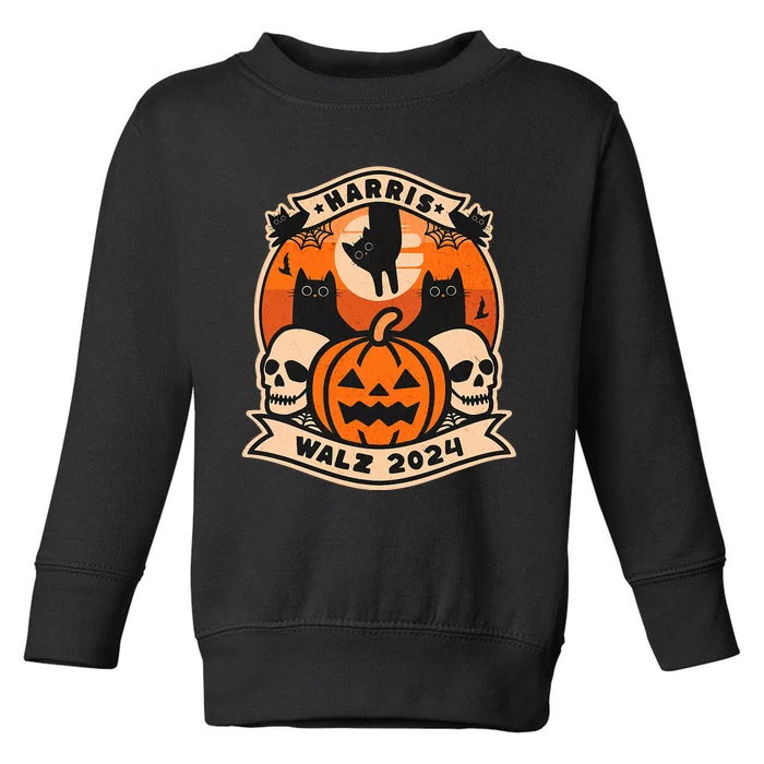 Harris Walz 2024 President Halloween Cat Pumpkin Toddler Sweatshirt