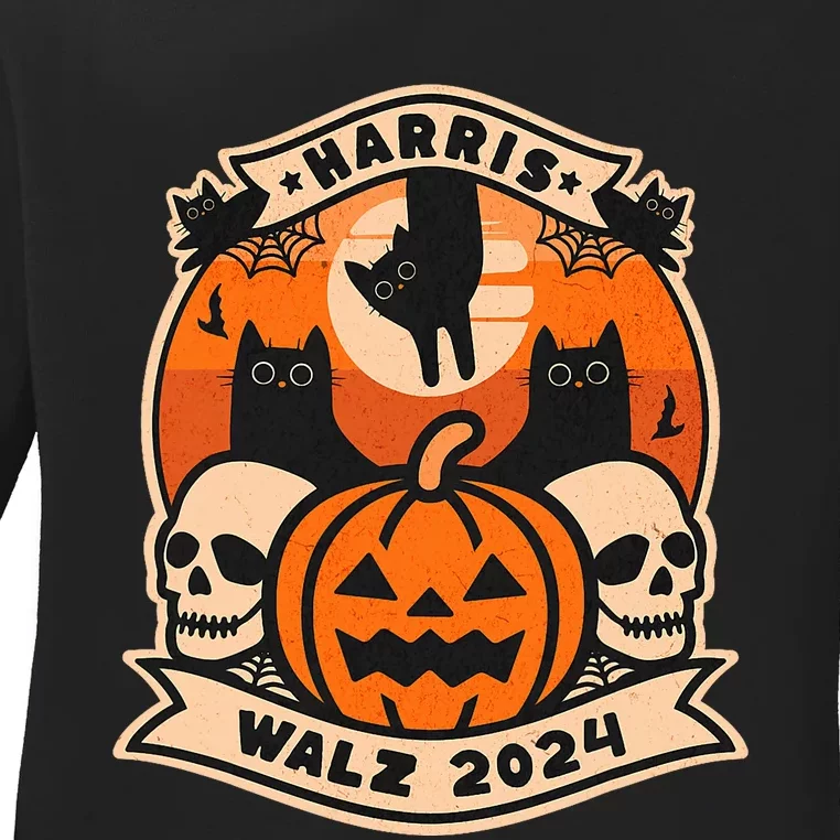 Harris Walz 2024 President Halloween Cat Pumpkin Ladies Long Sleeve Shirt