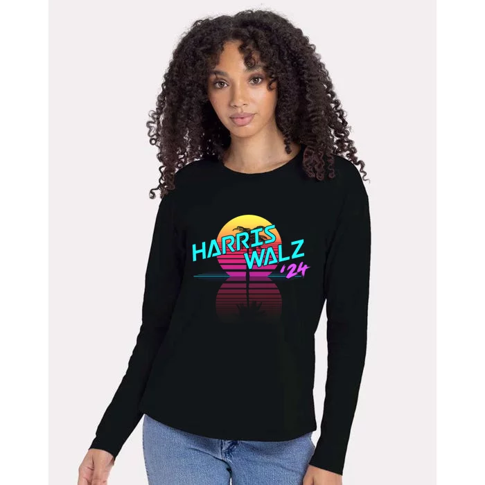 Harris Walz 24 Synthwave Outrun 80s 90s Retro Coconut Tree Gift Womens Cotton Relaxed Long Sleeve T-Shirt