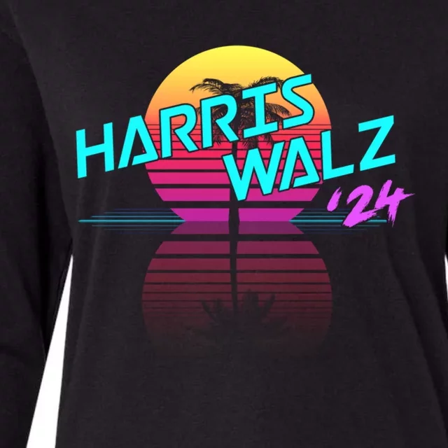 Harris Walz 24 Synthwave Outrun 80s 90s Retro Coconut Tree Gift Womens Cotton Relaxed Long Sleeve T-Shirt